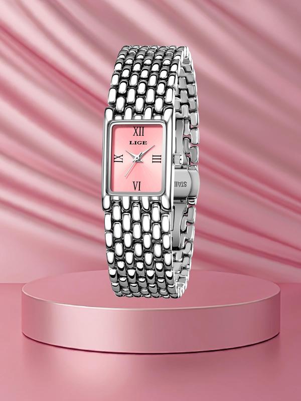 Women's Elegant Square Dial Quartz Watch, Fashionable Stainless Steel Strap Wristwatch for Women & Girls, Trendy All-match & Exquisite Watch for Birthday Gift with Box