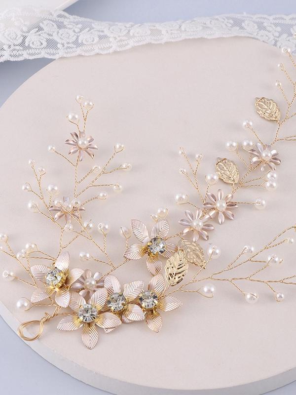 Vintage Faux Pearl & Rhinestone Decor Bridal Headwear, Elegant Flowers & Leaf Design Headwear for Wedding, Fashion Hair Accessories for Party, Daily Clothing Decor