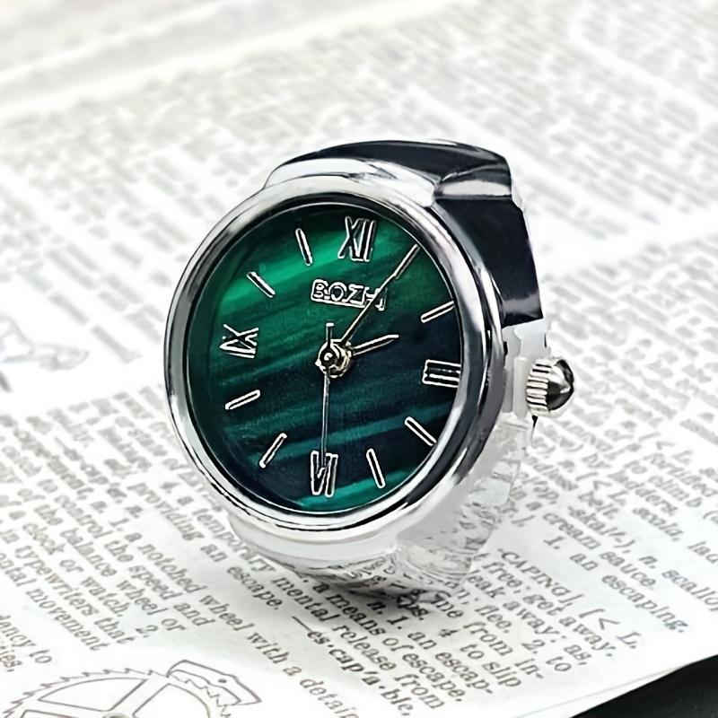 Women Men Finger Watches Golden Silvery Plated Watch Rings, Vintage Mini Quartz Green Dial Ring Watches For Men Women