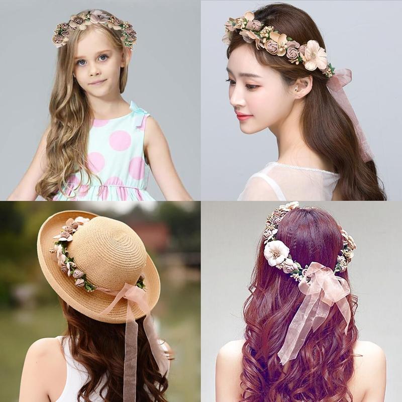 Flower Crown Headband Wreath Garland  Bands Floral Wedding Bridal  Hoop Women Leaf Ribbon Party Decoration Headdress Headwear Christmas Handmade Headpiece  Accessories 2 Pack Purple