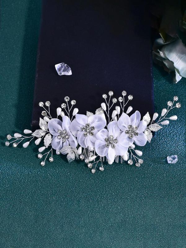 Elegant Rhinestone & Faux Pearl Decorated Flower Design Hair Comb, 2024 New Style Bridal Headwear for Wedding Party Formal Occasions, Fashion Hair Accessories for Women