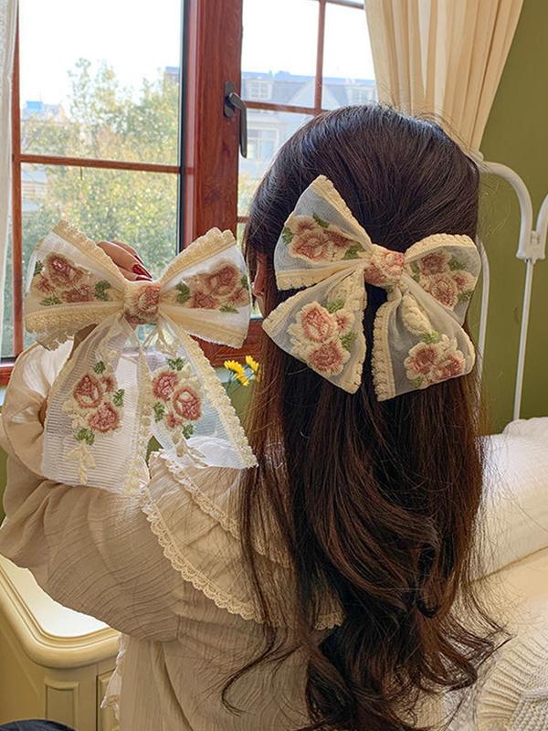 Vintage Thorn Rusty Flower Large Bow Hair Clip for Galentine's Party Style, Casual Elegant Tulle Streamer Headwear for Women