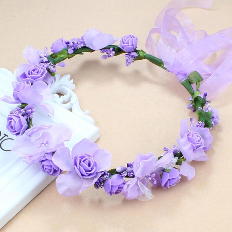 Flower Crown Headband Wreath Garland  Bands Floral Wedding Bridal  Hoop Women Leaf Ribbon Party Decoration Headdress Headwear Christmas Handmade Headpiece  Accessories 2 Pack Purple