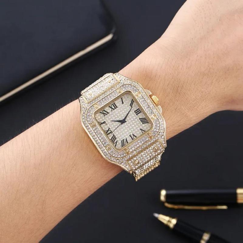 Luxury Moissanite Iced Out Watches, Hip Hop Bust Down Unisex Diamond Watch, Stainless Steel Moissanite Studded Wrist Watch