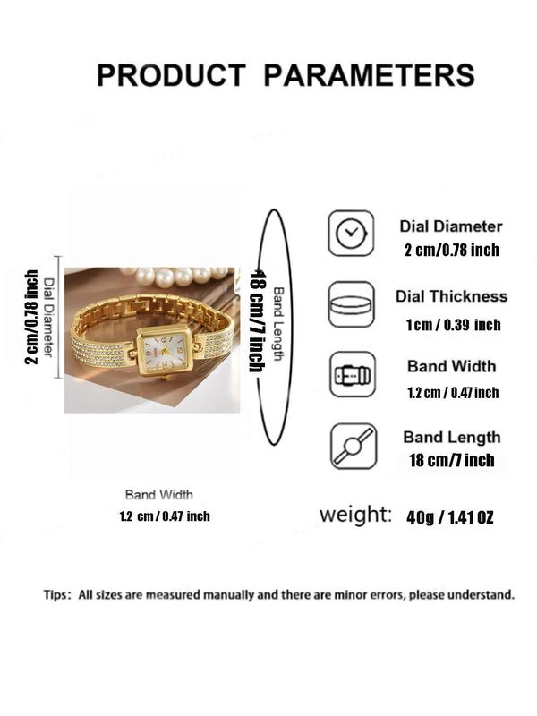 Women's Elegant Rhinestone Decorated Square Dial Quartz Watch, Fashionable Wristwatch for Women & Girls, Trendy All-match Watch for Birthday Gift without Box