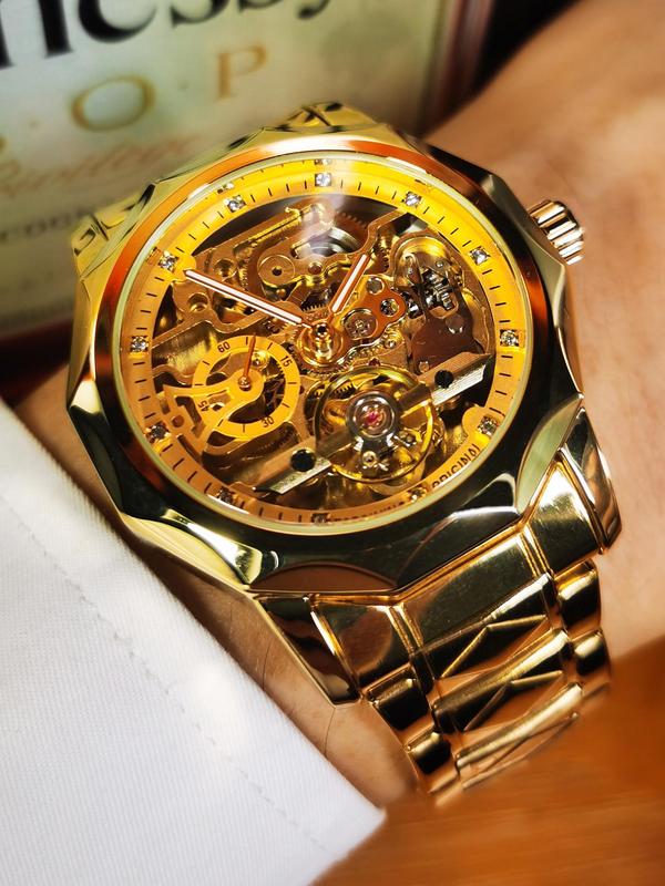 Men's Business Fashion Rhinestone Decorated Mechanical Watch, Fashion Watch for Party, Daily Clothing Decor, Trendy All-match & Exquisite Watch for Birthday Gift with Box