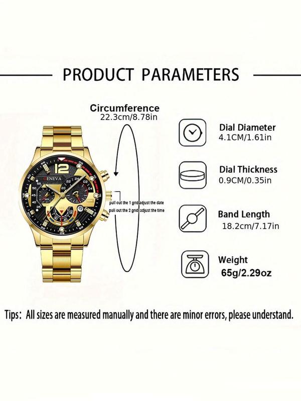 Men's Business Fashion Round Dial Analog Quartz Watch, with Chain Bracelet & Necklace Set, Trendy All-match & Exquisite Watch Set As Gift without Box