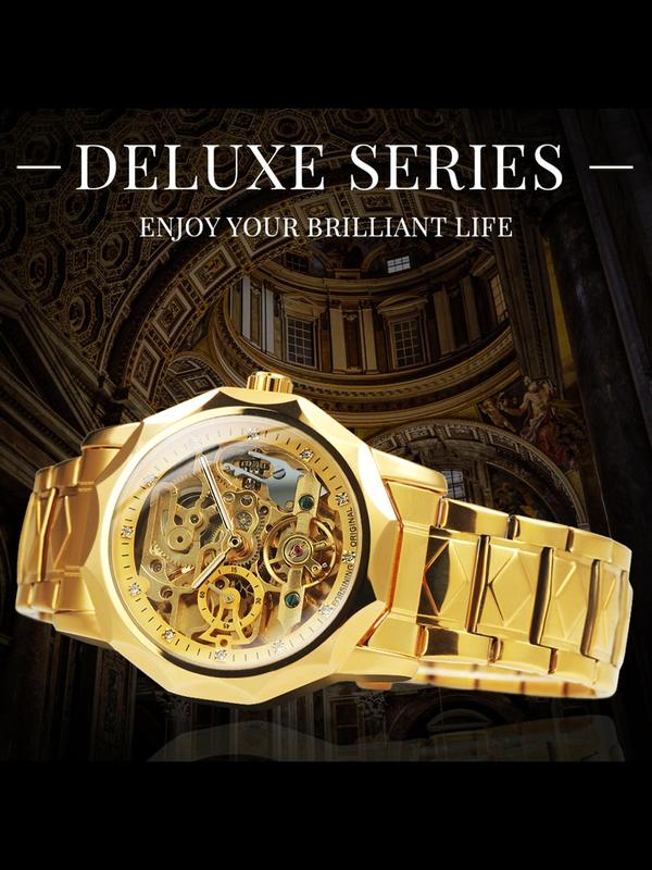 Men's Business Fashion Rhinestone Decorated Mechanical Watch, Fashion Watch for Party, Daily Clothing Decor, Trendy All-match & Exquisite Watch for Birthday Gift with Box