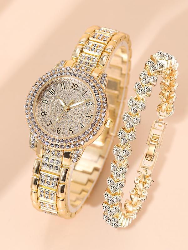 Rhinestone Decorated Round Dial Analog Quartz Watch & Bracelet Set, Fashionable Watch Set for Women & Girls, Trendy All-match & Exquisite Watch Set for Birthday Gift