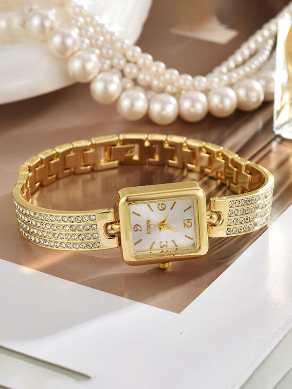 Women's Elegant Rhinestone Decorated Square Dial Quartz Watch, Fashionable Wristwatch for Women & Girls, Trendy All-match Watch for Birthday Gift without Box