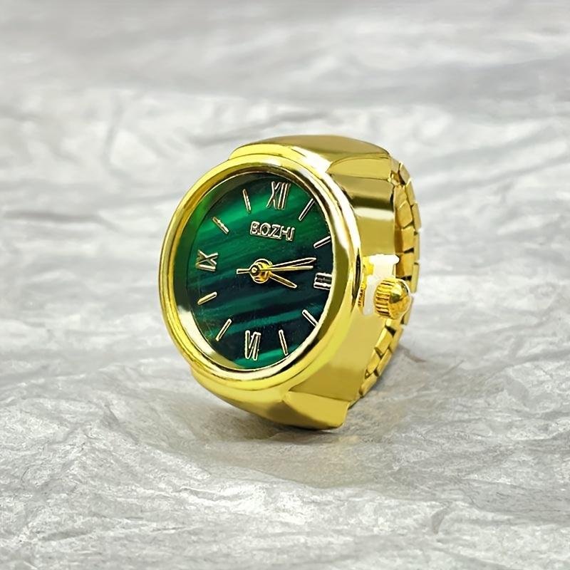 Women Men Finger Watches Golden Silvery Plated Watch Rings, Vintage Mini Quartz Green Dial Ring Watches For Men Women