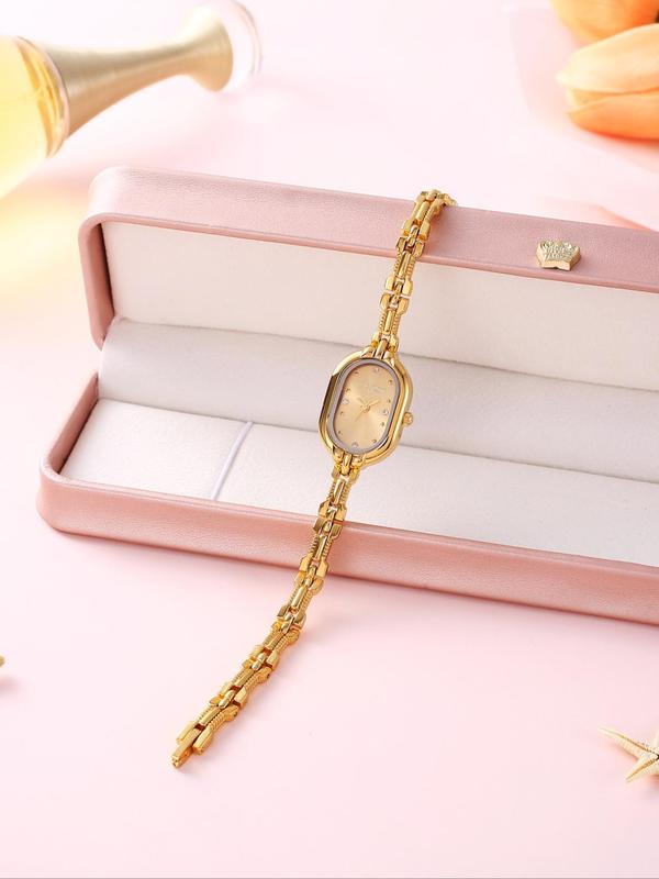 Women's Elegant Oval Dial Quartz Watch, Fashionable Wristwatch for Women & Girls, Trendy All-match & Exquisite Watch for Birthday Gift with Box