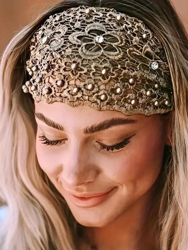 Women's Elegant Hollow Out Flower Design Headband, with Faux Pearls Decor, Headband Hair Accessories for Women & Girls for Daily & Party Hairstyle Decoration