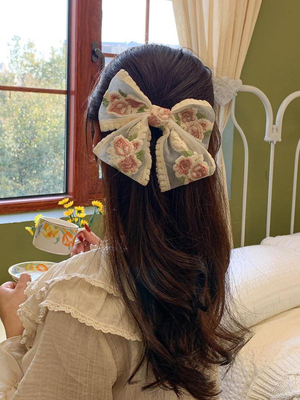 Vintage Thorn Rusty Flower Large Bow Hair Clip for Galentine's Party Style, Casual Elegant Tulle Streamer Headwear for Women