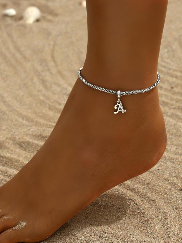 Rhinestone Decorated Letter Charm Anklet For Women & Men, Stainless Steel Foot Jewelry, Casual Summer Beach Holiday Style Sandals And Slippers Accessories