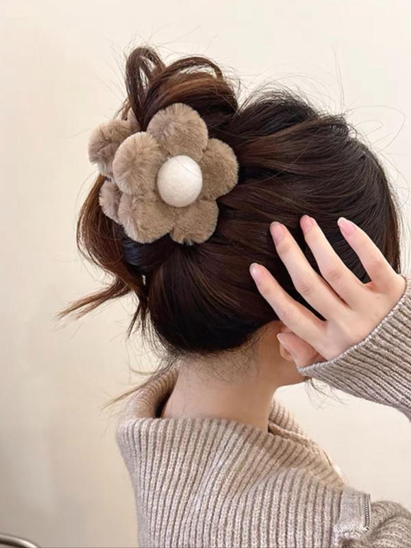 2pcs Cute Plush Flower Design Hair Claw Clip, Fluffy Hair Claws, Fashionable Easy Grasping Hair Accessories for Women & Girls for Fall & Winter