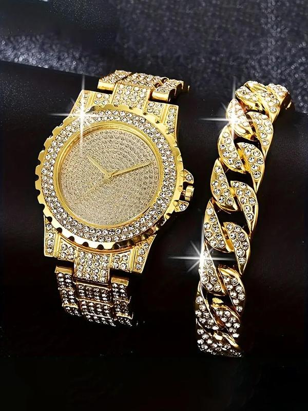 Men's Business Fashion Round Dial Analog Quartz Watch & Rhinestone Decor Cuban Link Bracelet Set, Exquisite Trendy Wristwatch Set, Watch Set without Box