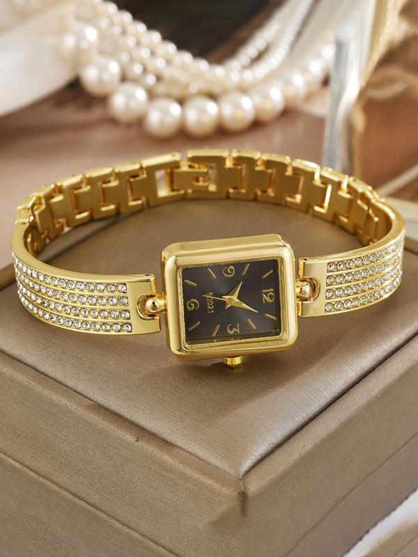 Women's Elegant Rhinestone Decorated Square Dial Quartz Watch, Fashionable Wristwatch for Women & Girls, Trendy All-match Watch for Birthday Gift without Box