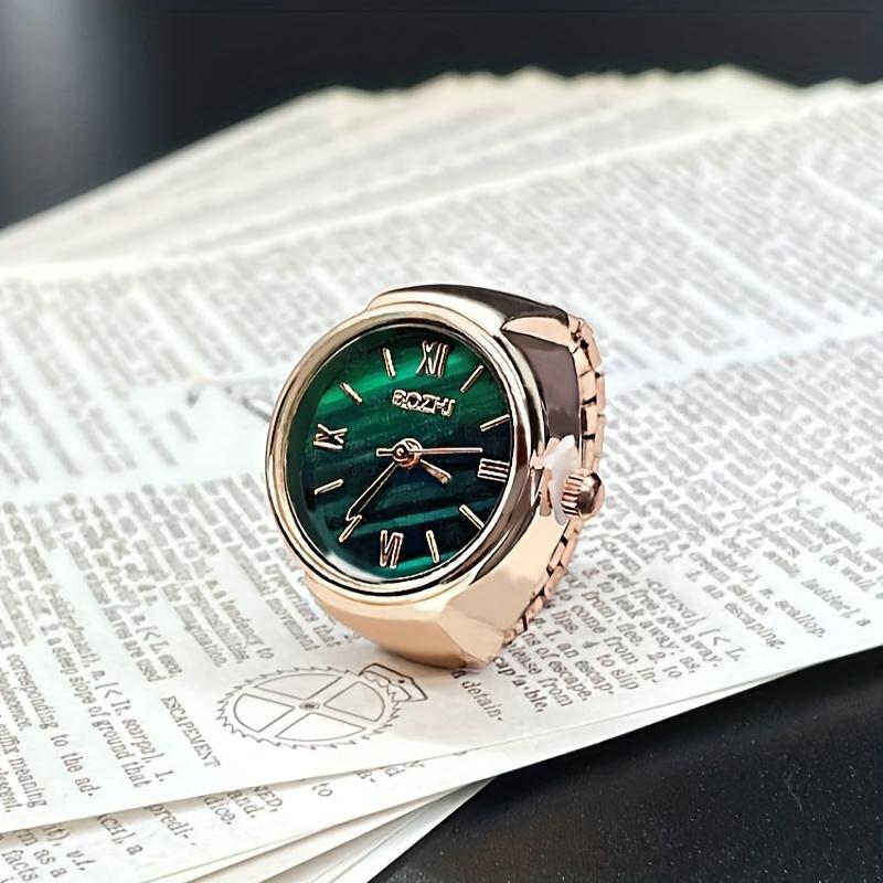 Women Men Finger Watches Golden Silvery Plated Watch Rings, Vintage Mini Quartz Green Dial Ring Watches For Men Women