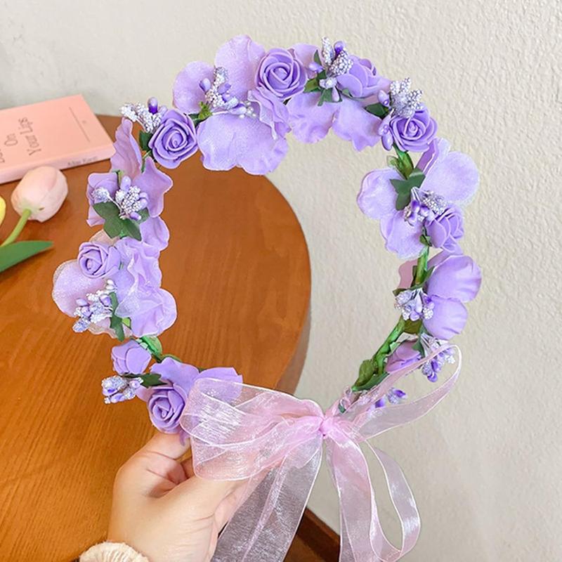 Flower Crown Headband Wreath Garland  Bands Floral Wedding Bridal  Hoop Women Leaf Ribbon Party Decoration Headdress Headwear Christmas Handmade Headpiece  Accessories 2 Pack Purple