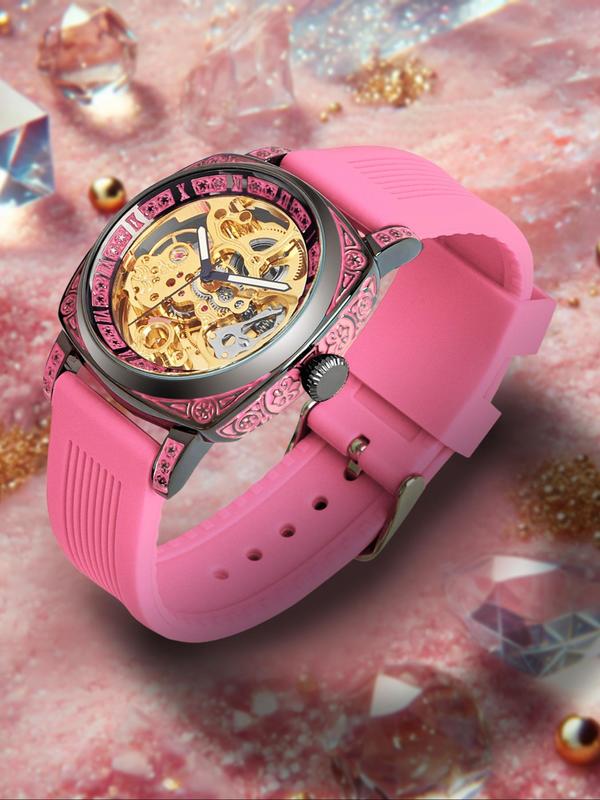 Women's Elegant Hollow Out Design Mechanical Watch, Fashion Round Dial Silicone Strap Watch for Party, Daily Decor, Trendy All-match & Exquisite Watch for Birthday Gift with Box