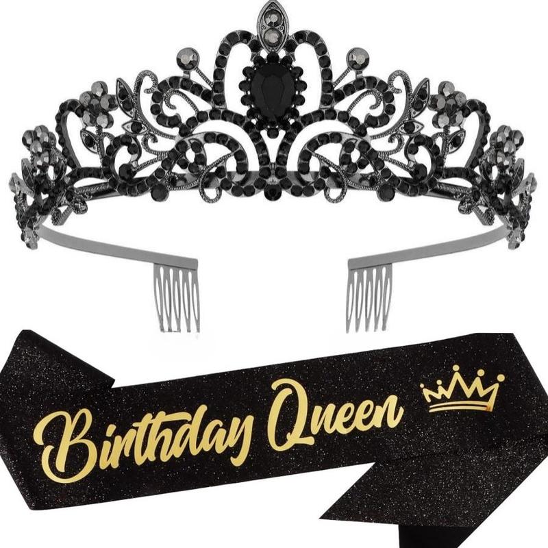 Birthday Queen Crown & Sash Set, 1 Set Rhinestone Tiara & Sash Set, Party Decorations for Birthday Party Dance Cosplay Graduation