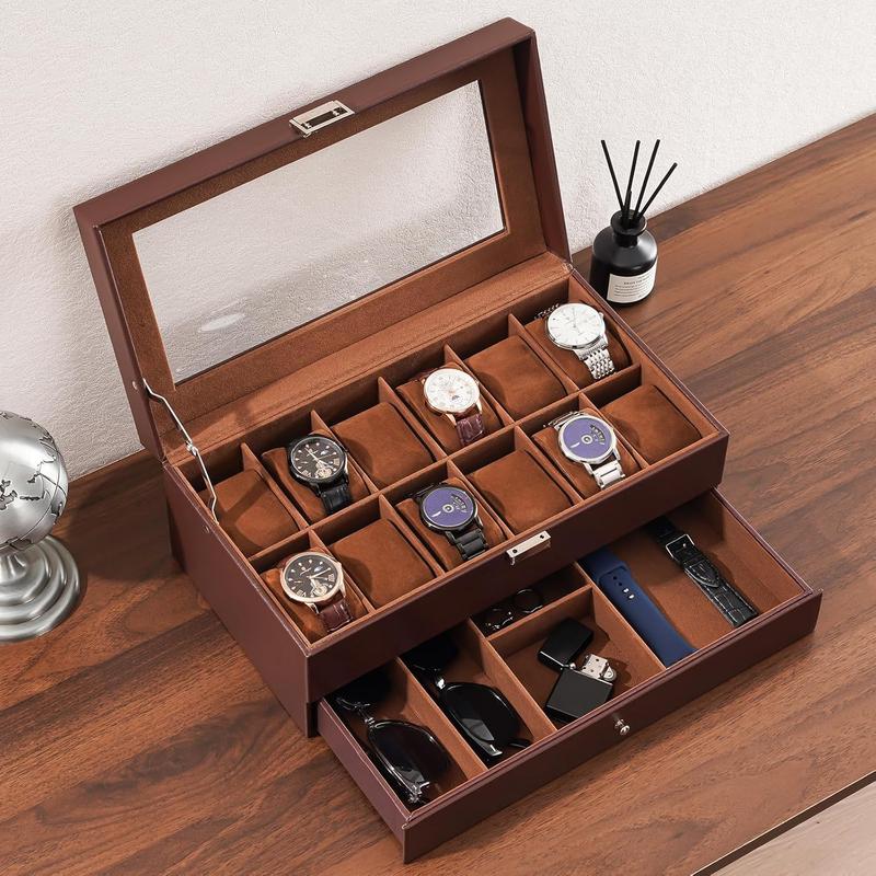 Watch Box for Men, 12 Slot Mens Watch Case With Drawer, Watch Display Case With Glass Lid, 2-Layer Watch Holder Organizer,  and Watch Storage for Men Women -12Slot, Espresso