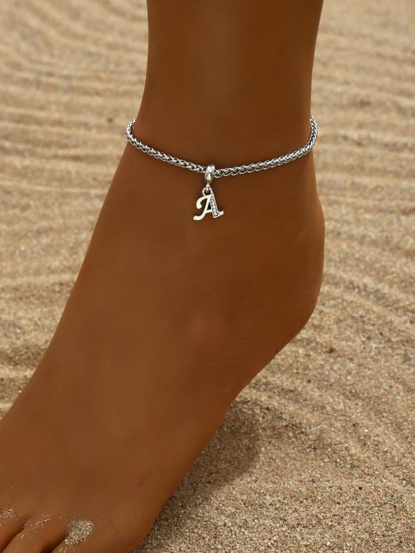 Rhinestone Decorated Letter Charm Anklet For Women & Men, Stainless Steel Foot Jewelry, Casual Summer Beach Holiday Style Sandals And Slippers Accessories