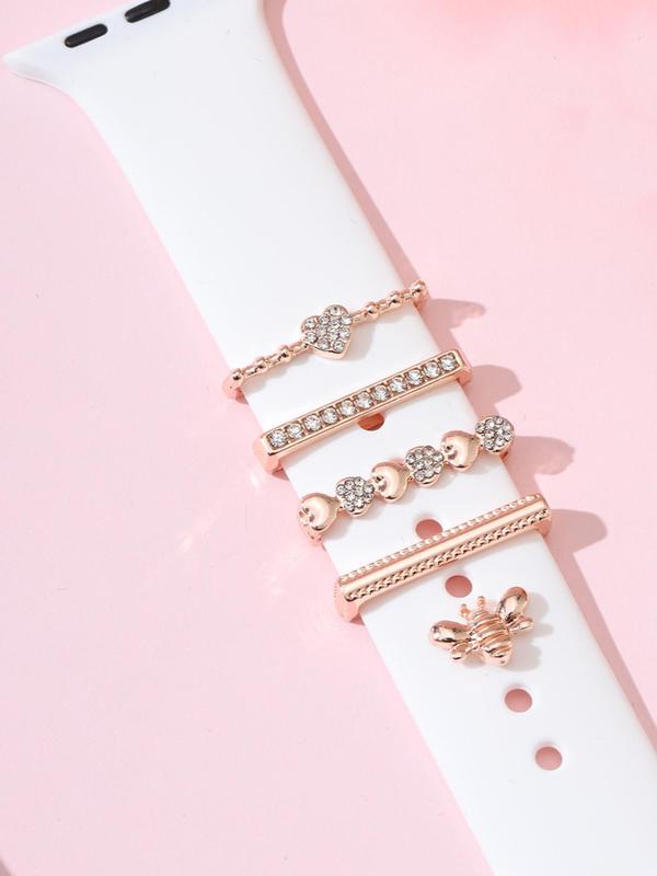 5pcs set Rhinestone Decorated Watch Band Ring, Heart & Bee Design Watch Strap Accessories, Watch Decoration Accessories