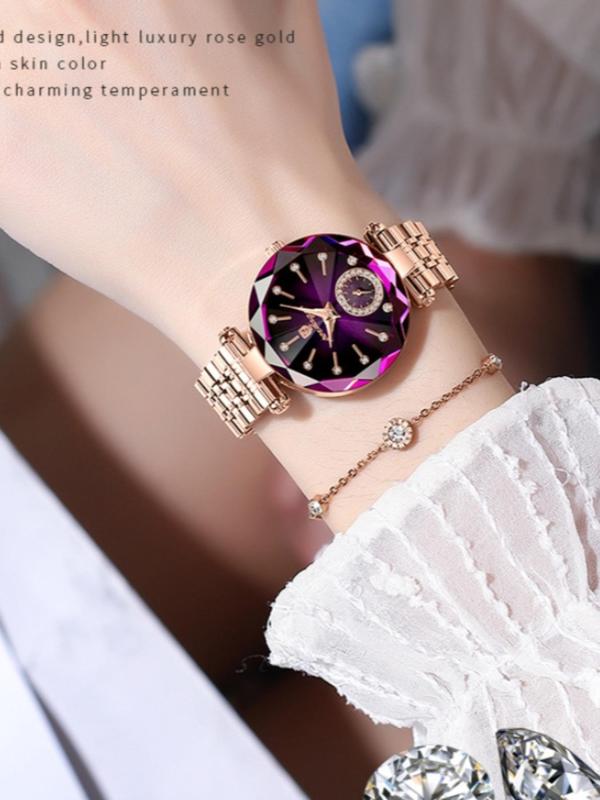 Women's Elegant Rhinestone Decorated Quartz Watch, Fashion Round Dial Watch for Women & Girls, Trendy All-match & Exquisite Watch for Birthday Gift with Box