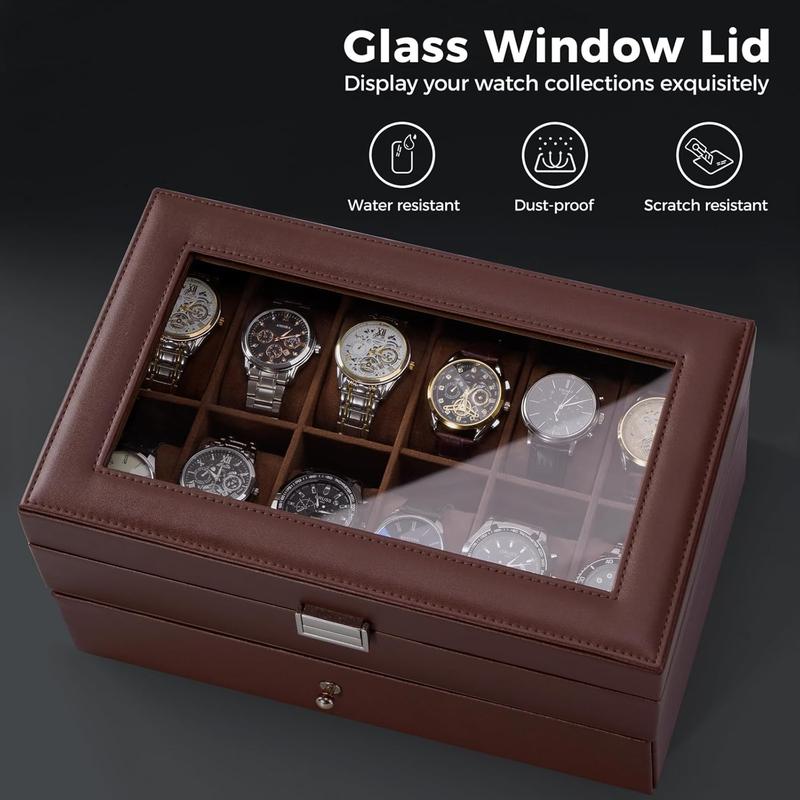 Watch Box for Men, 12 Slot Mens Watch Case With Drawer, Watch Display Case With Glass Lid, 2-Layer Watch Holder Organizer,  and Watch Storage for Men Women -12Slot, Espresso