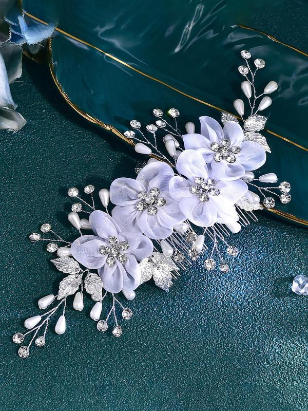 Elegant Rhinestone & Faux Pearl Decorated Flower Design Hair Comb, 2024 New Style Bridal Headwear for Wedding Party Formal Occasions, Fashion Hair Accessories for Women