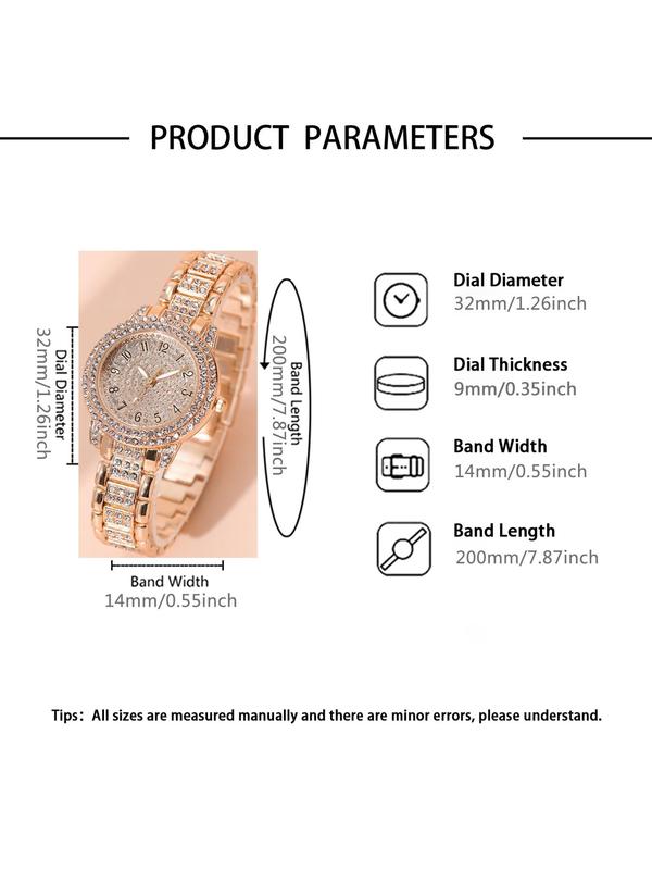 Rhinestone Decorated Round Dial Analog Quartz Watch & Bracelet Set, Fashionable Watch Set for Women & Girls, Trendy All-match & Exquisite Watch Set for Birthday Gift