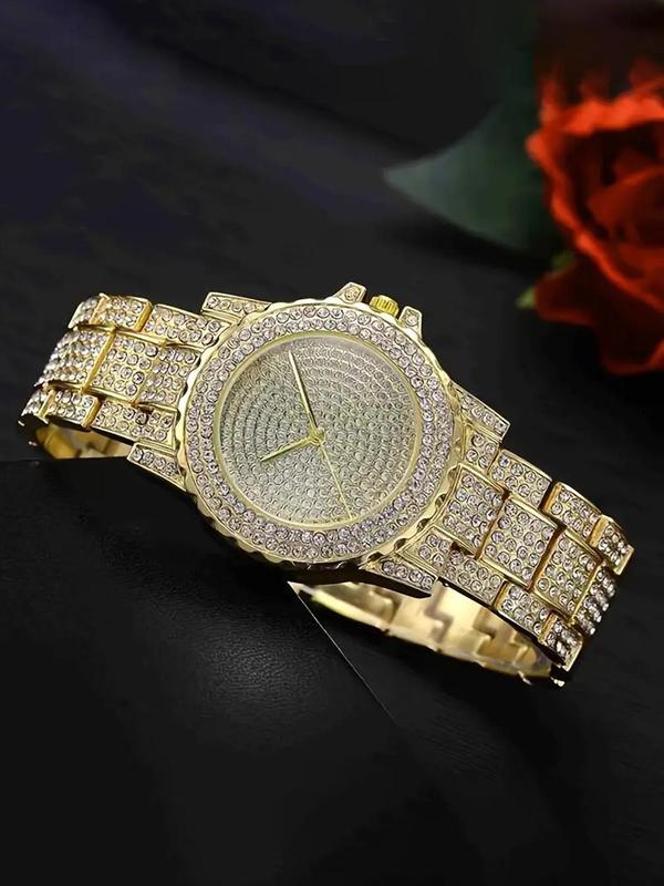 Men's Business Fashion Round Dial Analog Quartz Watch & Rhinestone Decor Cuban Link Bracelet Set, Exquisite Trendy Wristwatch Set, Watch Set without Box