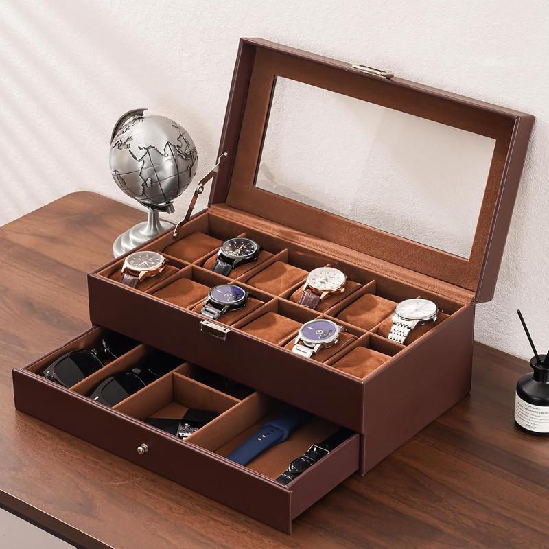 Watch Box for Men, 12 Slot Mens Watch Case With Drawer, Watch Display Case With Glass Lid, 2-Layer Watch Holder Organizer,  and Watch Storage for Men Women -12Slot, Espresso