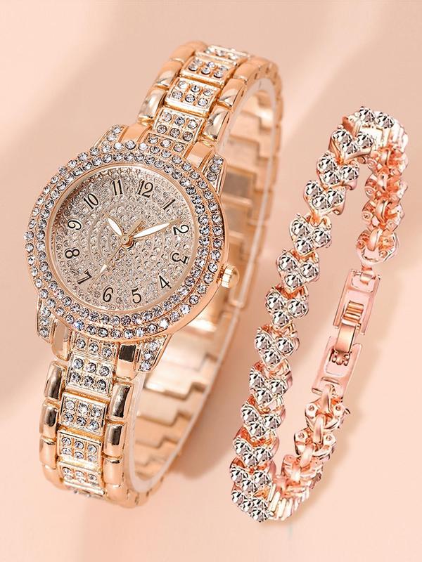 Rhinestone Decorated Round Dial Analog Quartz Watch & Bracelet Set, Fashionable Watch Set for Women & Girls, Trendy All-match & Exquisite Watch Set for Birthday Gift