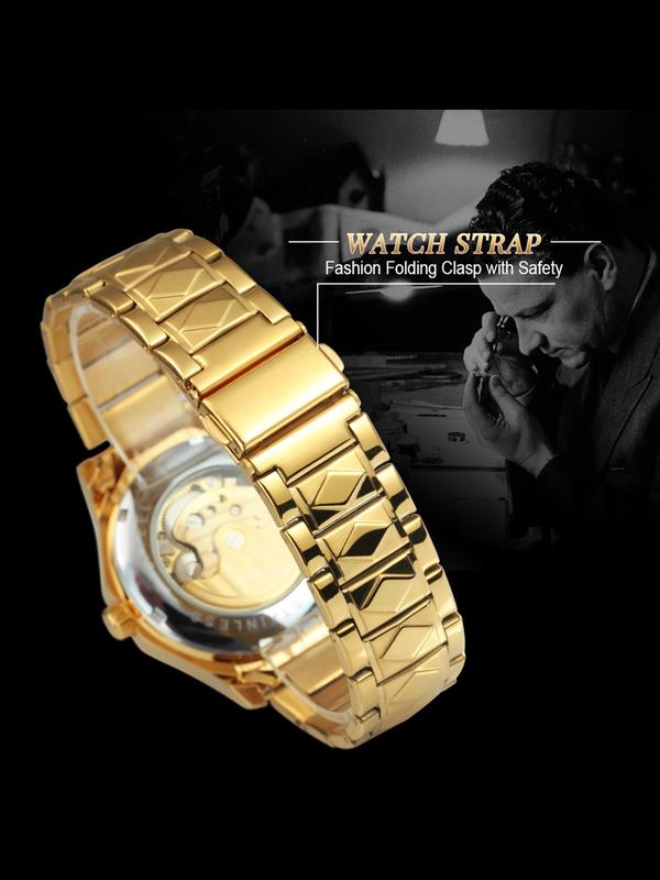 Men's Business Fashion Rhinestone Decorated Mechanical Watch, Fashion Watch for Party, Daily Clothing Decor, Trendy All-match & Exquisite Watch for Birthday Gift with Box