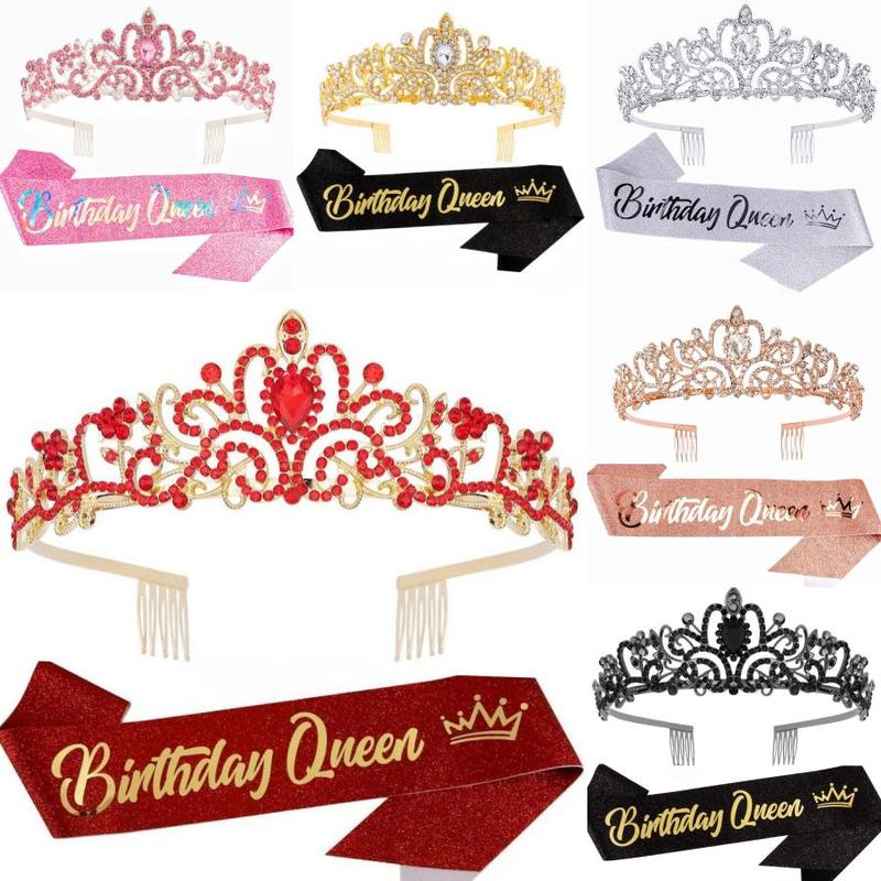 Birthday Queen Crown & Sash Set, 1 Set Rhinestone Tiara & Sash Set, Party Decorations for Birthday Party Dance Cosplay Graduation