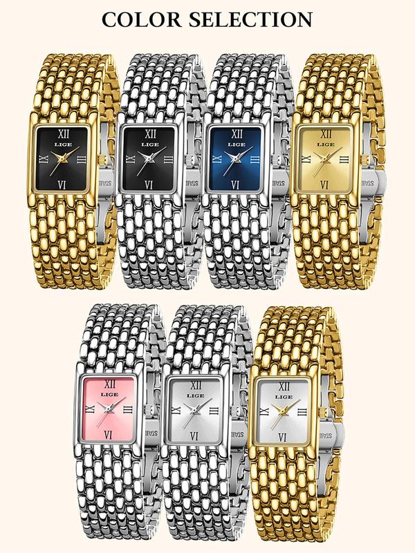 Women's Elegant Square Dial Quartz Watch, Fashionable Stainless Steel Strap Wristwatch for Women & Girls, Trendy All-match & Exquisite Watch for Birthday Gift with Box