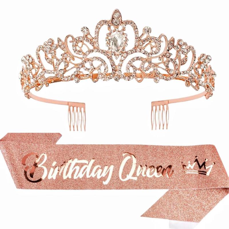 Birthday Queen Crown & Sash Set, 1 Set Rhinestone Tiara & Sash Set, Party Decorations for Birthday Party Dance Cosplay Graduation