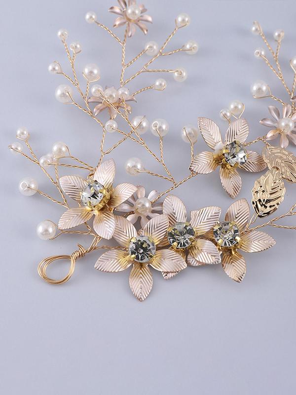 Vintage Faux Pearl & Rhinestone Decor Bridal Headwear, Elegant Flowers & Leaf Design Headwear for Wedding, Fashion Hair Accessories for Party, Daily Clothing Decor