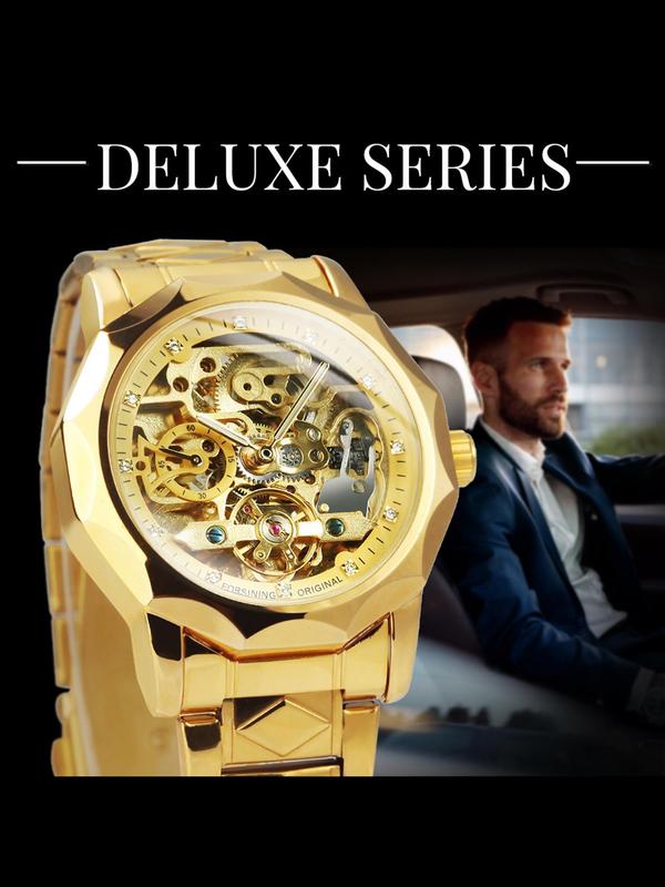 Men's Business Fashion Rhinestone Decorated Mechanical Watch, Fashion Watch for Party, Daily Clothing Decor, Trendy All-match & Exquisite Watch for Birthday Gift with Box