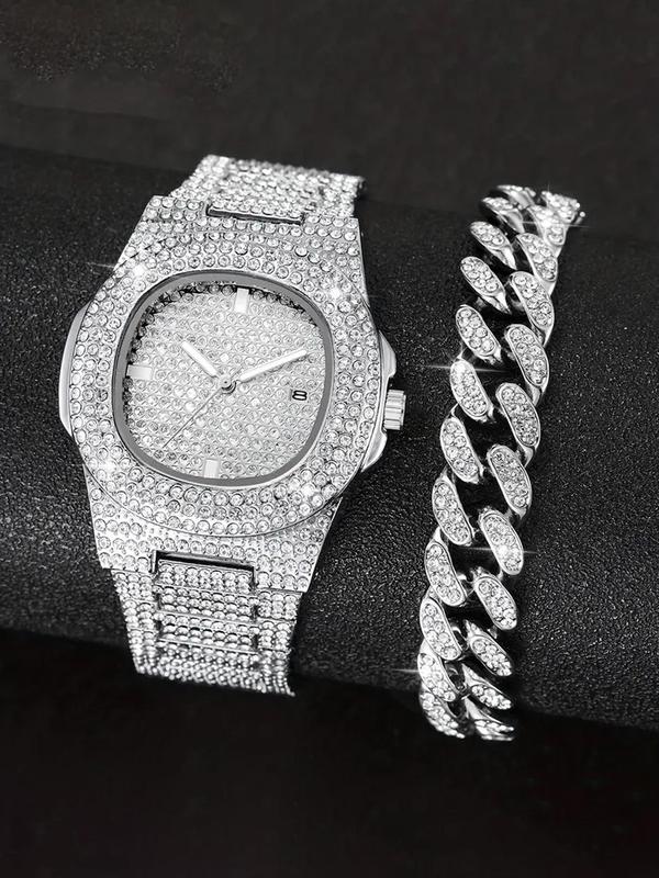 Women's Elegant Rhinestone Decorated Quartz Watch & Bracelet, Exquisite Trendy Alloy Strap Wristwatch & Bracelet, Fashionable Watch Set As Gift for Women & Girls