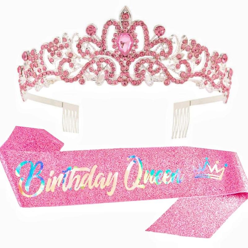 Birthday Queen Crown & Sash Set, 1 Set Rhinestone Tiara & Sash Set, Party Decorations for Birthday Party Dance Cosplay Graduation