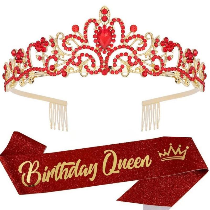 Birthday Queen Crown & Sash Set, 1 Set Rhinestone Tiara & Sash Set, Party Decorations for Birthday Party Dance Cosplay Graduation