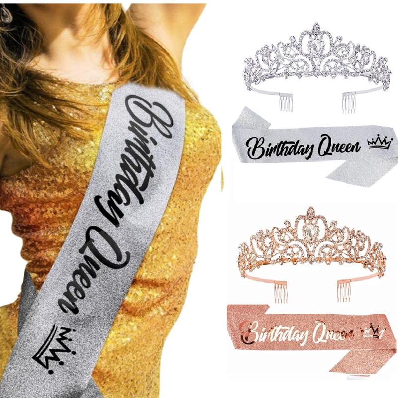 Birthday Queen Crown & Sash Set, 1 Set Rhinestone Tiara & Sash Set, Party Decorations for Birthday Party Dance Cosplay Graduation