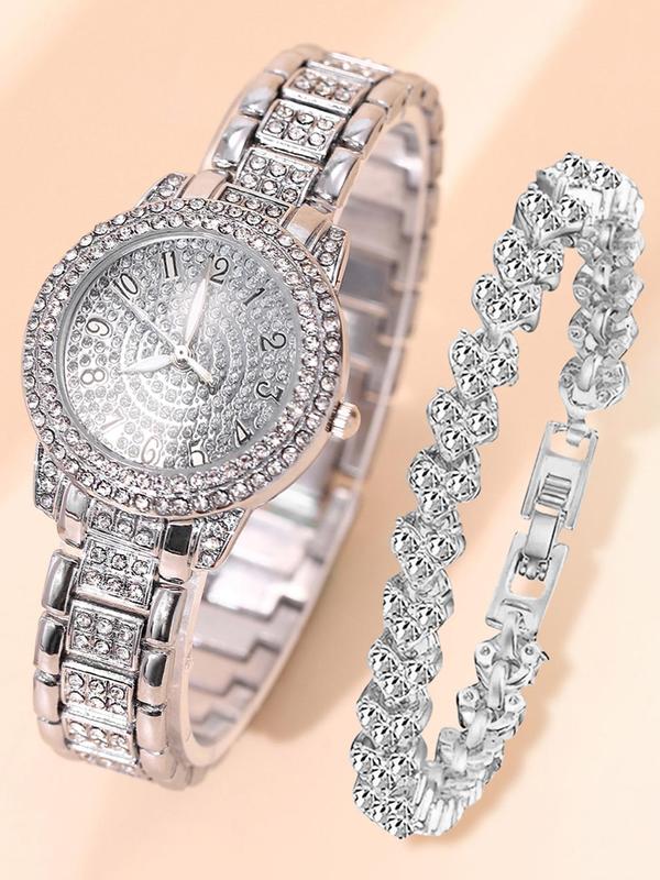 Rhinestone Decorated Round Dial Analog Quartz Watch & Bracelet Set, Fashionable Watch Set for Women & Girls, Trendy All-match & Exquisite Watch Set for Birthday Gift