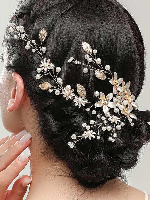 Vintage Faux Pearl & Rhinestone Decor Bridal Headwear, Elegant Flowers & Leaf Design Headwear for Wedding, Fashion Hair Accessories for Party, Daily Clothing Decor