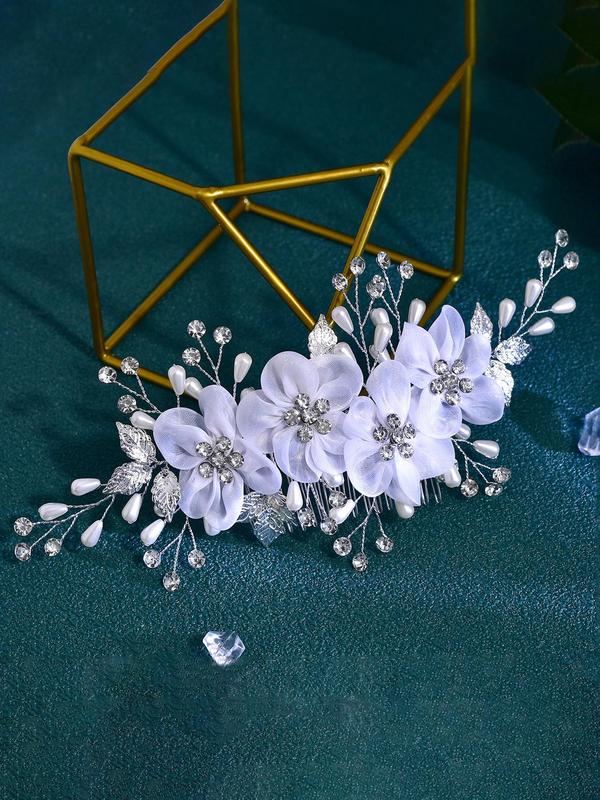 Elegant Rhinestone & Faux Pearl Decorated Flower Design Hair Comb, 2024 New Style Bridal Headwear for Wedding Party Formal Occasions, Fashion Hair Accessories for Women