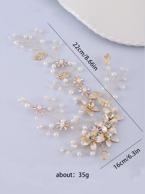 Vintage Faux Pearl & Rhinestone Decor Bridal Headwear, Elegant Flowers & Leaf Design Headwear for Wedding, Fashion Hair Accessories for Party, Daily Clothing Decor